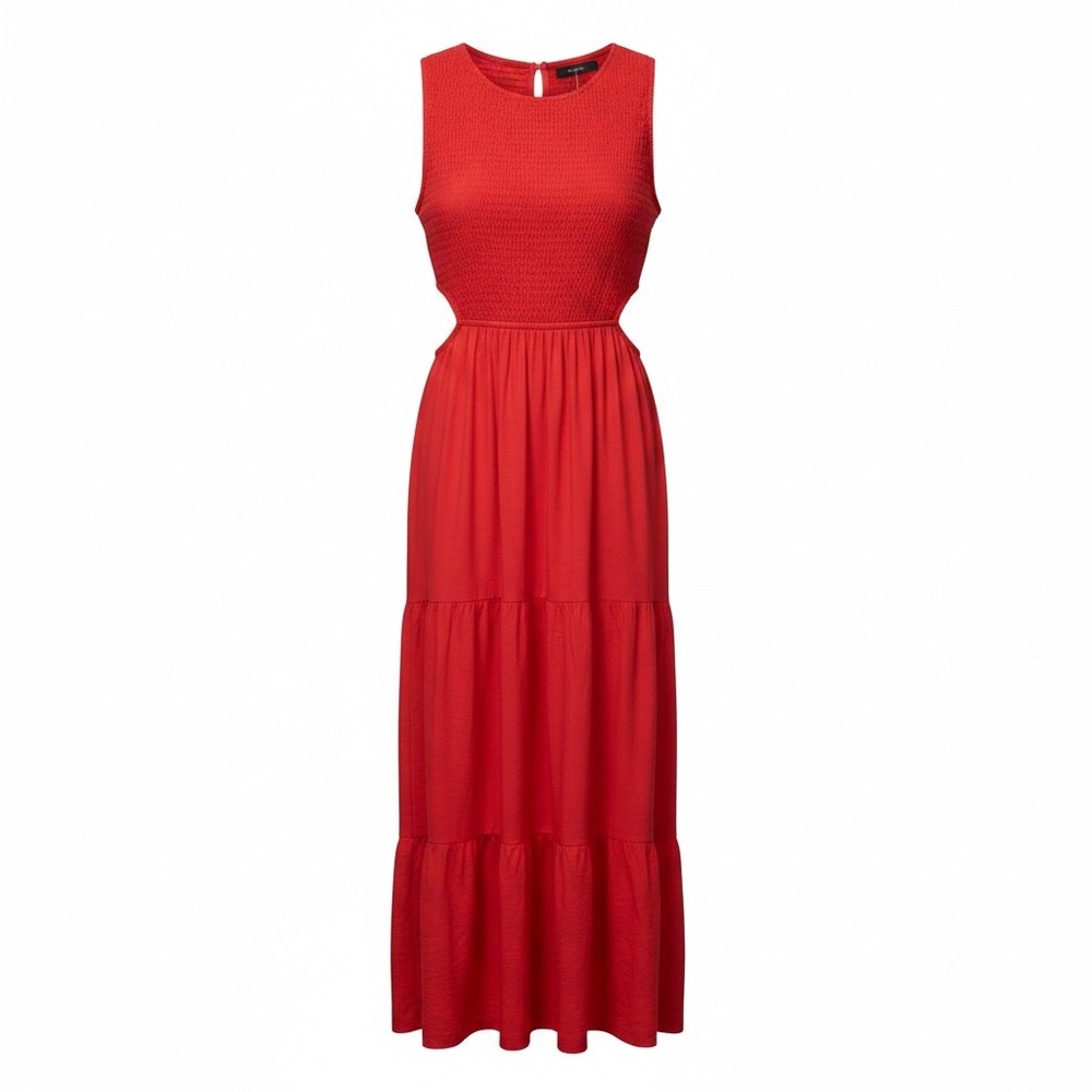 #B ZESICA Maxi Dress XL Red Smocked Tiered Side Cut Out Sleeveless Summer Boho